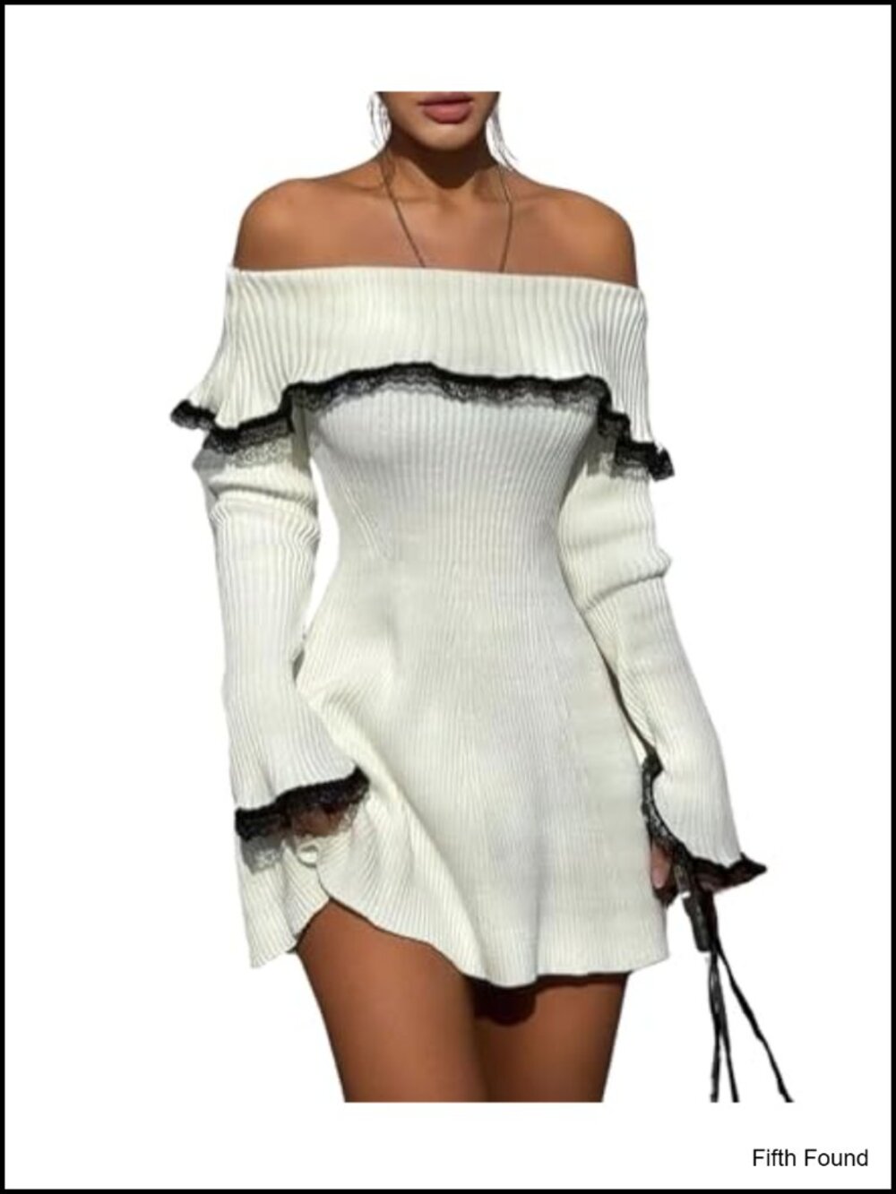 Off Shoulder Bell Sleeve Lace Trim Ribbed Knit Bodycon Sweater Mini Dress